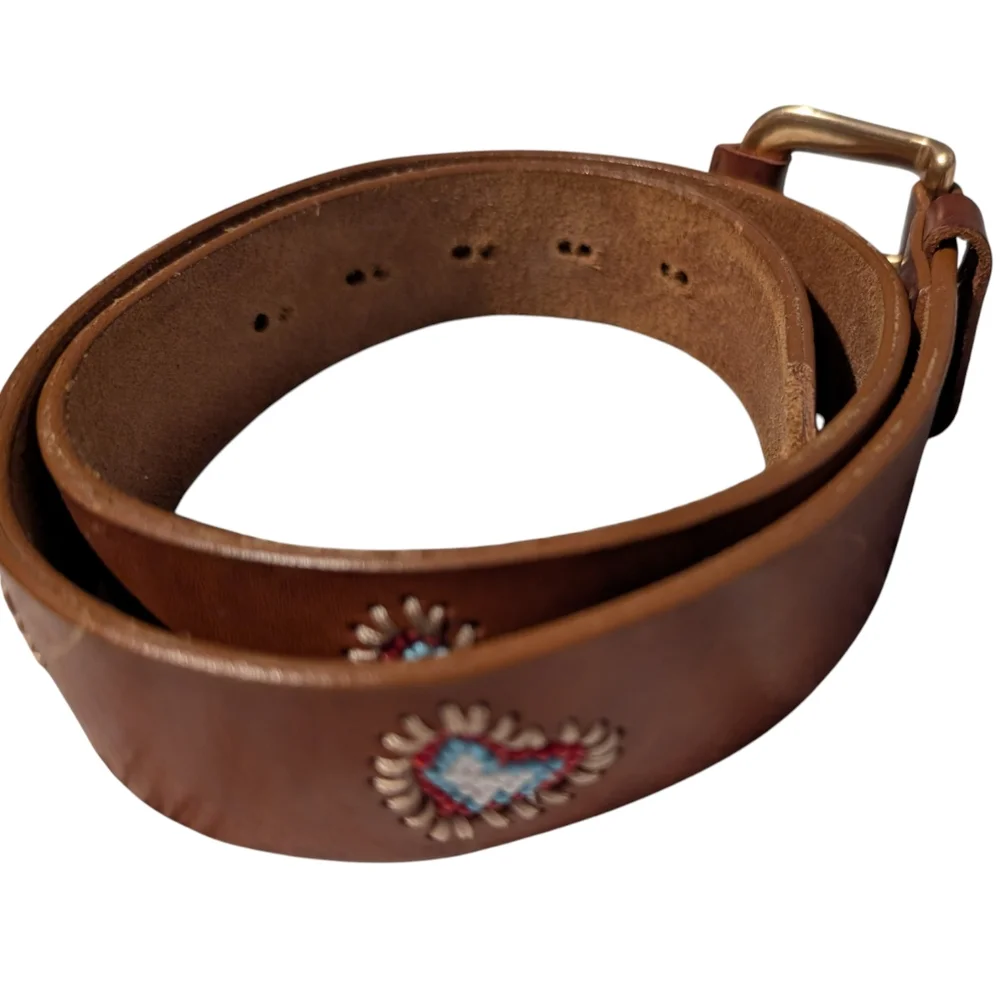 Gap Y2K Vintage Women's Leather Boho‎ Beaded Embroidered Heart Belt Size 32